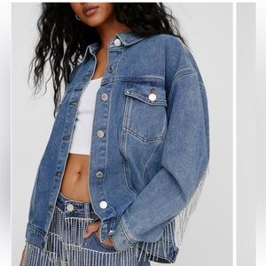 NWT Nasty Gal Diamante Fringe Rhinestone Fringe Oversized Jean Jacket - Size 8